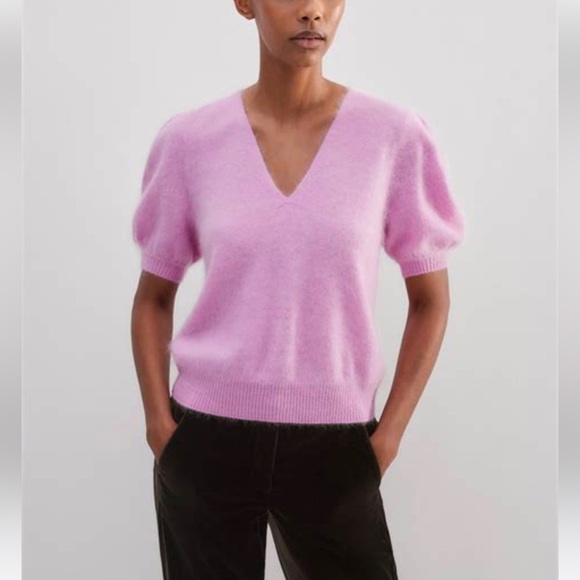 ME+EM Brushed Cashmere V-Neck Short Sleeve Sweater Pink Sz M - Picture 1 of 8